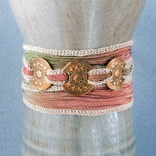 Load image into Gallery viewer, Bronze Tribal Mandala Silk Ribbon Wrap Bracelet