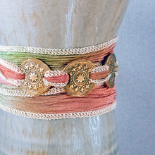 Load image into Gallery viewer, Bronze Tribal Mandala Silk Ribbon Wrap Bracelet