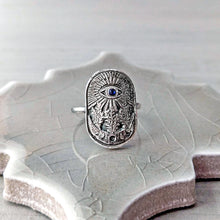 Load image into Gallery viewer, All Seeing Eye Sapphire Ring | Fine Silver Intuition Talisman