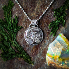 Load image into Gallery viewer, Silver pendant necklace with crescent moon and hare imagery on a stone surface with greenery and a crystal.