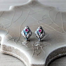 Load image into Gallery viewer, Thistle Stud Earrings with Ruby – Fine Silver Botanical Jewelry