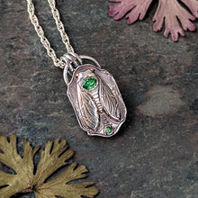 Load image into Gallery viewer, Fine Silver Cicada Pendant with Tsavorite Garnets | Handmade Nature Talisman Jewelry