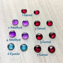 Load image into Gallery viewer, Gemstone pairs available for your custom made earrings at an angle to show translucency: garnet, amethyst, and kyanite