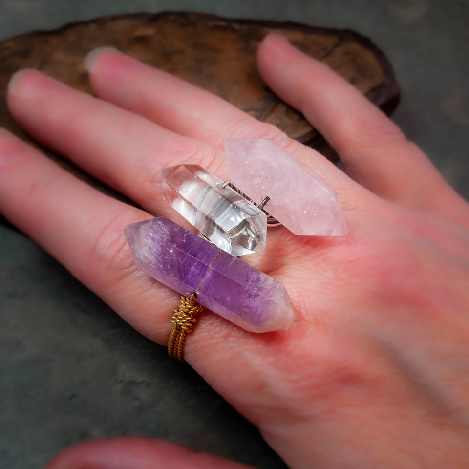 Double Terminated Crystal Point Rings in Amethyst, Quartz, and Rose Quartz