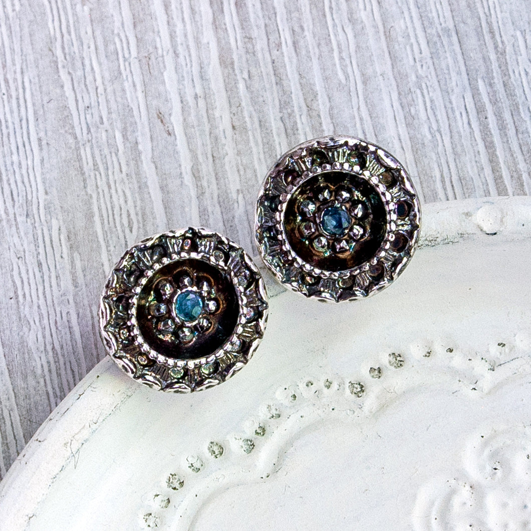 Fine Silver and Sapphire Victorian Flower Button Earrings