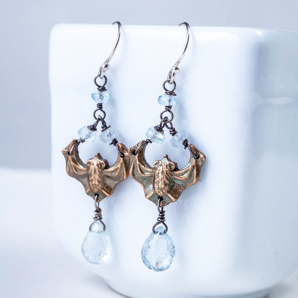 Art Nouveau Inspired Bronze and Aquamarine Bat Earrings
