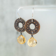 Load image into Gallery viewer, Citrine and Bronze Indian Flower Wheel Earrings
