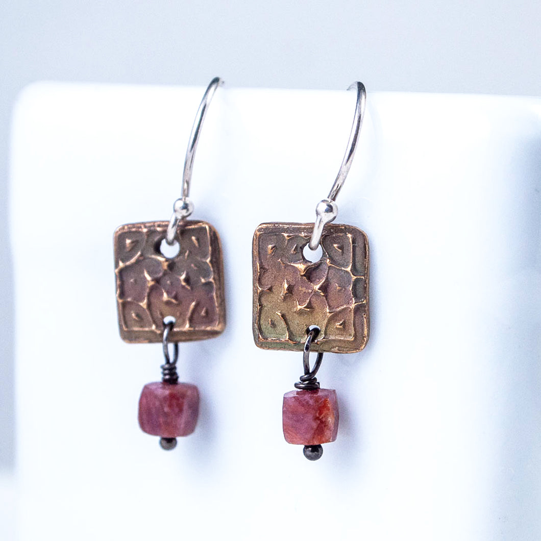 Bronze Mini Tapestry with Pink Tourmaline Cube Earrings