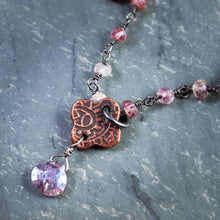 Load image into Gallery viewer, Copper Byzantine Collar with Mystic Moss Amethyst and Strawberry Rutilated Quartz

