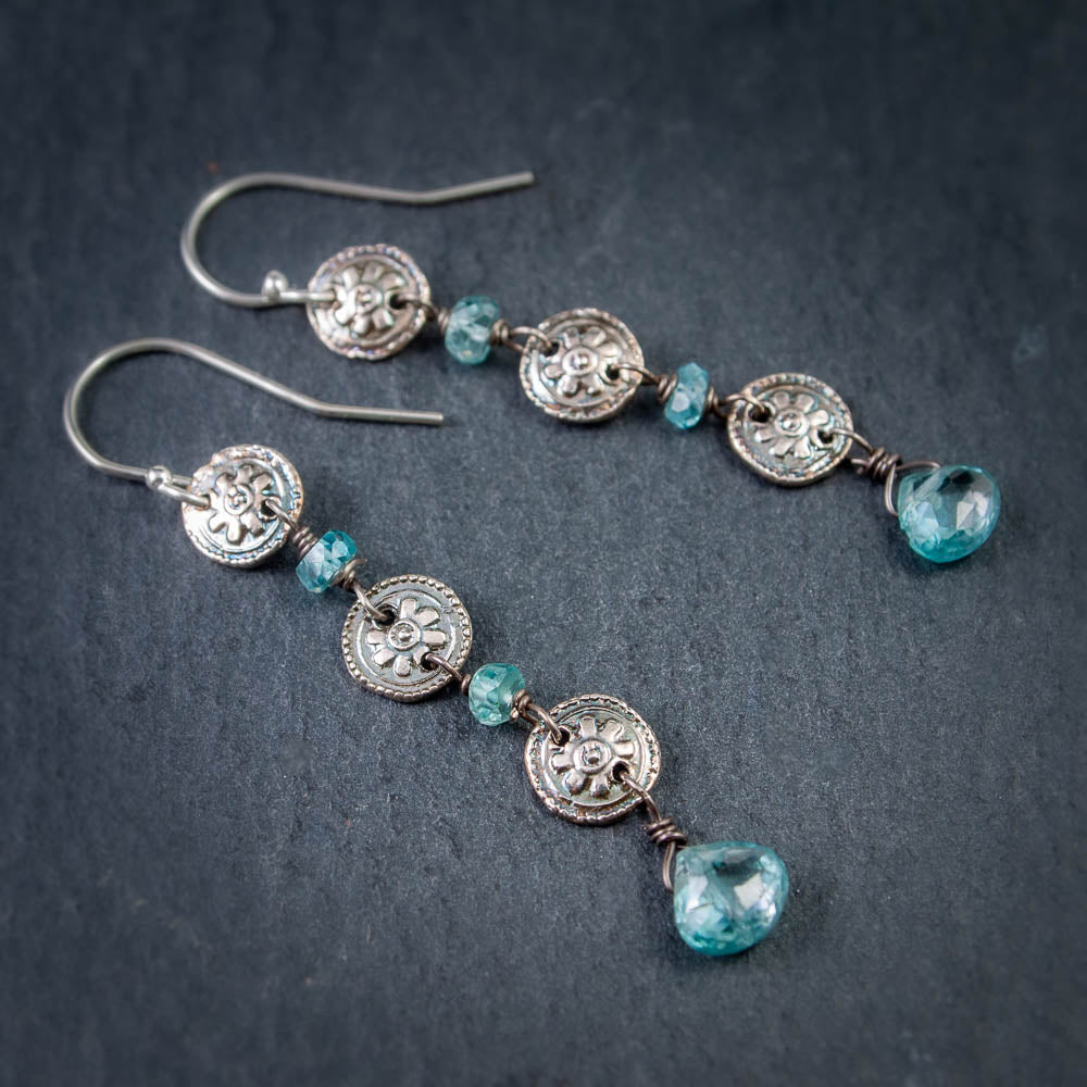 Fine Silver Flowerette and Blue Zircon Cascade Earrings