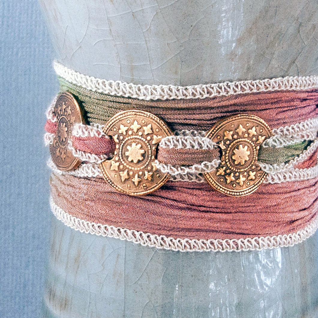 Bronze Tribal Mandala Silk Ribbon Wrap Bracelet