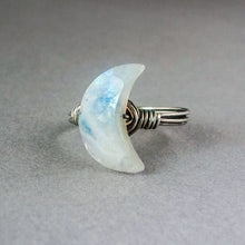 Load image into Gallery viewer, Rainbow Moonstone Crescent Moon Ring: Divine Feminine Talisman

