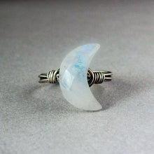 Load image into Gallery viewer, Rainbow Moonstone Crescent Moon Ring: Divine Feminine Talisman
