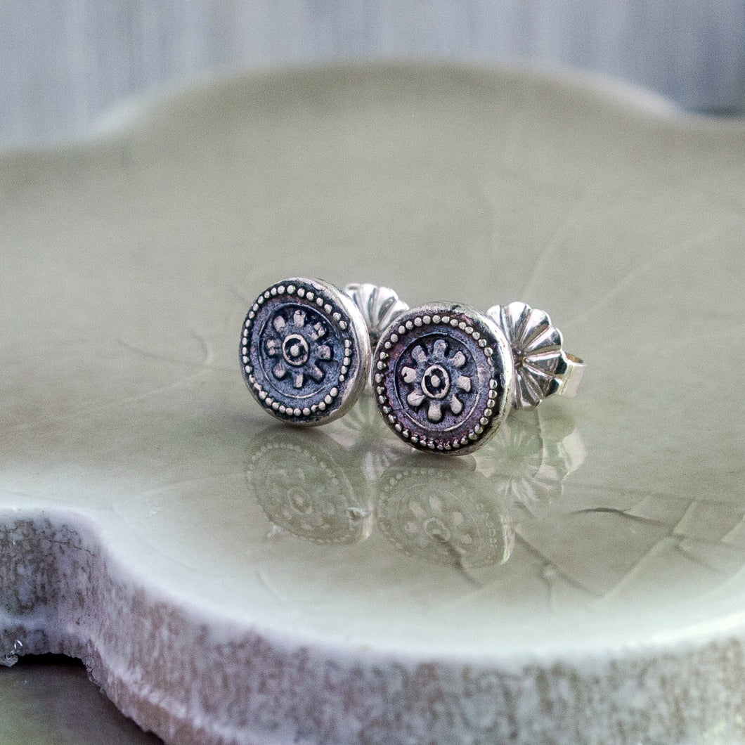 Tiny Sterling Silver Tribal Flower Stud Earrings