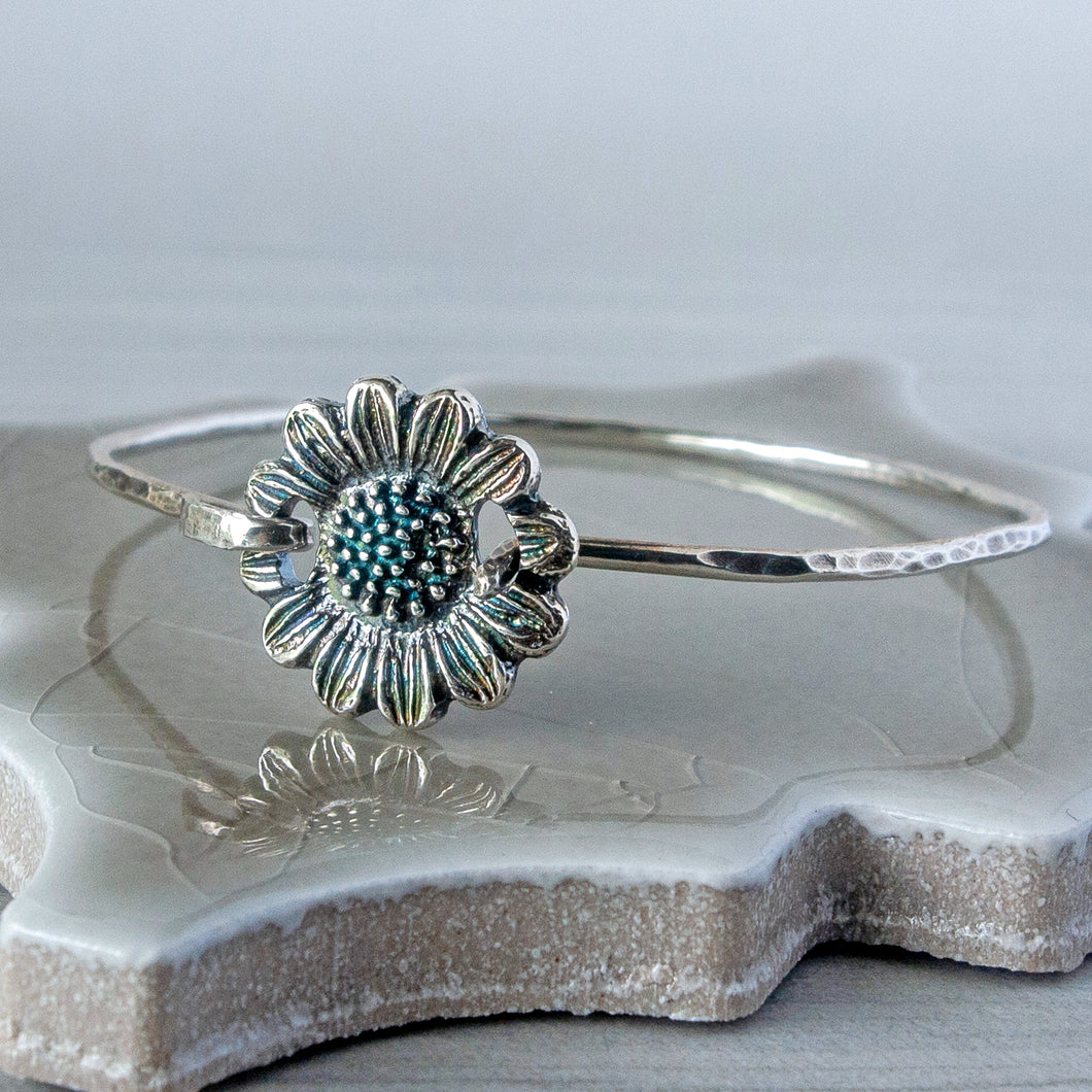 Oxidized Sterling Silver Sunflower Bangle: Hammered Tension Cuff