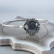 Load image into Gallery viewer, Oxidized Sterling Silver Sunflower Bangle: Hammered Tension Cuff
