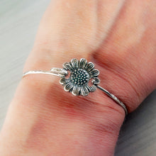 Load image into Gallery viewer, Oxidized Sterling Silver Sunflower Bangle: Hammered Tension Cuff
