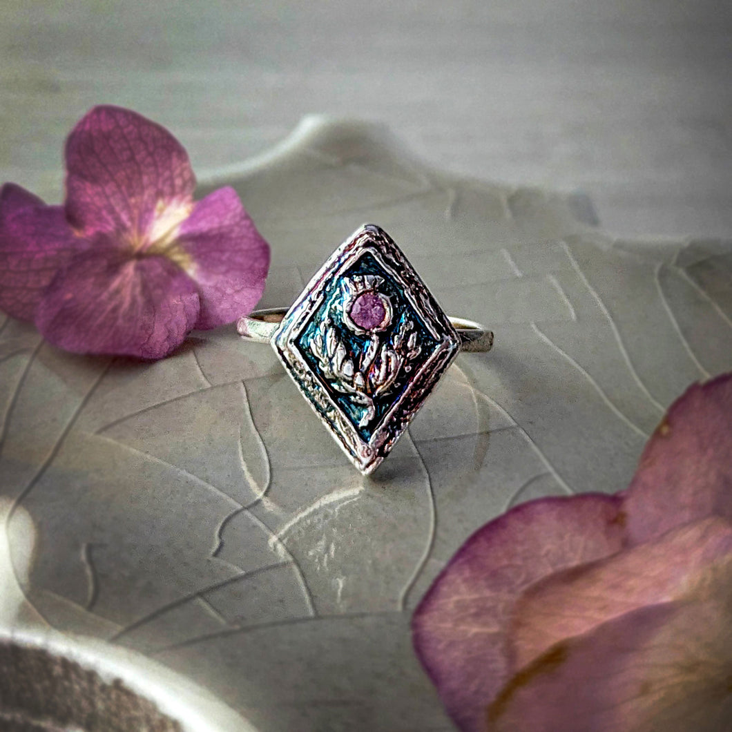 Fine Silver Pink Sapphire Thistle Ring