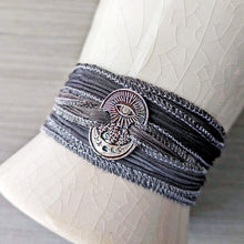 Load image into Gallery viewer, All Seeing Eye Silk Wrap Bracelet | Sterling Silver Talisman on Hand-Dyed Ribbon
