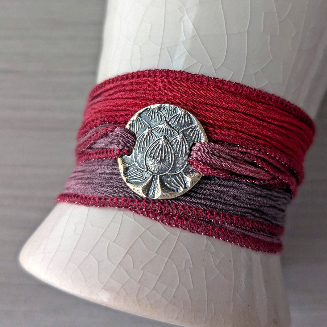 Sterling Silver Lotus Wrap Bracelet, Talisman for Inner Strength