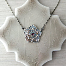 Load image into Gallery viewer, Plum Blossom Necklace – Fine Silver Ume Flower Pendant with Pink Tourmaline

