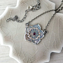 Load image into Gallery viewer, Plum Blossom Necklace – Fine Silver Ume Flower Pendant with Pink Tourmaline
