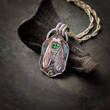 Load image into Gallery viewer, Fine Silver Cicada Pendant with Tsavorite Garnets | Handmade Nature Talisman Jewelry
