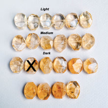 Load image into Gallery viewer, Four rows of amber-colored gemstones labeled 'Light', 'Medium', and 'Dark' with a 'X' indicating one that is no longer available.
