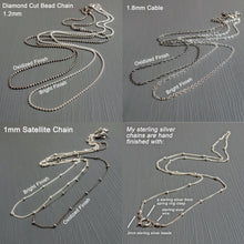 Load image into Gallery viewer, Comparison of different types of silver chains with labeled finishes on a gray background.
