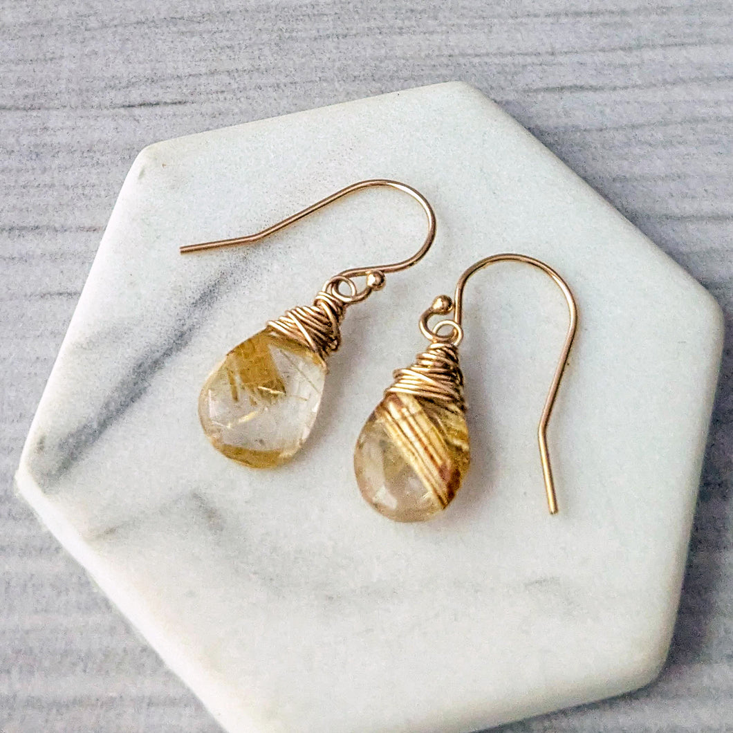 Golden Rutilated Quartz Earrings: Faceted Teardrop, 14k Gold Fill