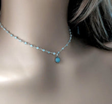 Load image into Gallery viewer, Aquamarine necklace with small beads on a mannequin for scale
