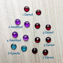 Load image into Gallery viewer, Gemstone pairs available for your custom made earrings: garnet, amethyst, and kyanite
