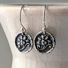Load image into Gallery viewer, Sterling Silver Victorian Flower Earrings | Dainty Jewelry Cast from an Antique Button
