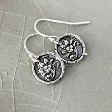 Load image into Gallery viewer, Sterling Silver Victorian Flower Earrings | Dainty Jewelry Cast from an Antique Button
