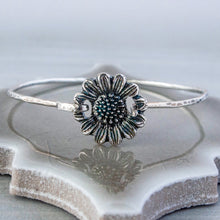 Load image into Gallery viewer, Oxidized Sterling Silver Sunflower Bangle: Hammered Tension Cuff
