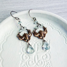 Load image into Gallery viewer, Art Nouveau Inspired Bronze and Aquamarine Bat Earrings
