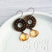 Load image into Gallery viewer, Citrine and Bronze Indian Flower Wheel Earrings
