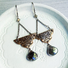 Load image into Gallery viewer, Bronze Arabesque &quot;Trapeze&quot; Earrings with Mystic Labradorite
