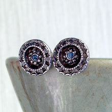 Load image into Gallery viewer, Fine Silver and Sapphire Victorian Flower Button Earrings
