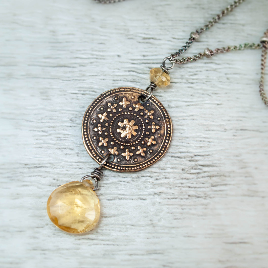 Citrine and Bronze Indian Flower Circle Talisman Necklace