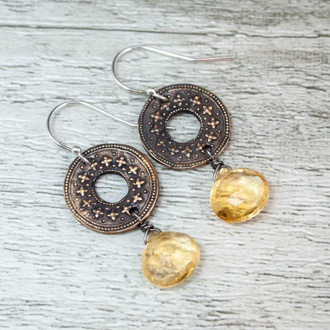 Citrine and Bronze Indian Flower Wheel Earrings