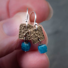 Load image into Gallery viewer, bronze tiny textured squares with neon blue apatite cubes
