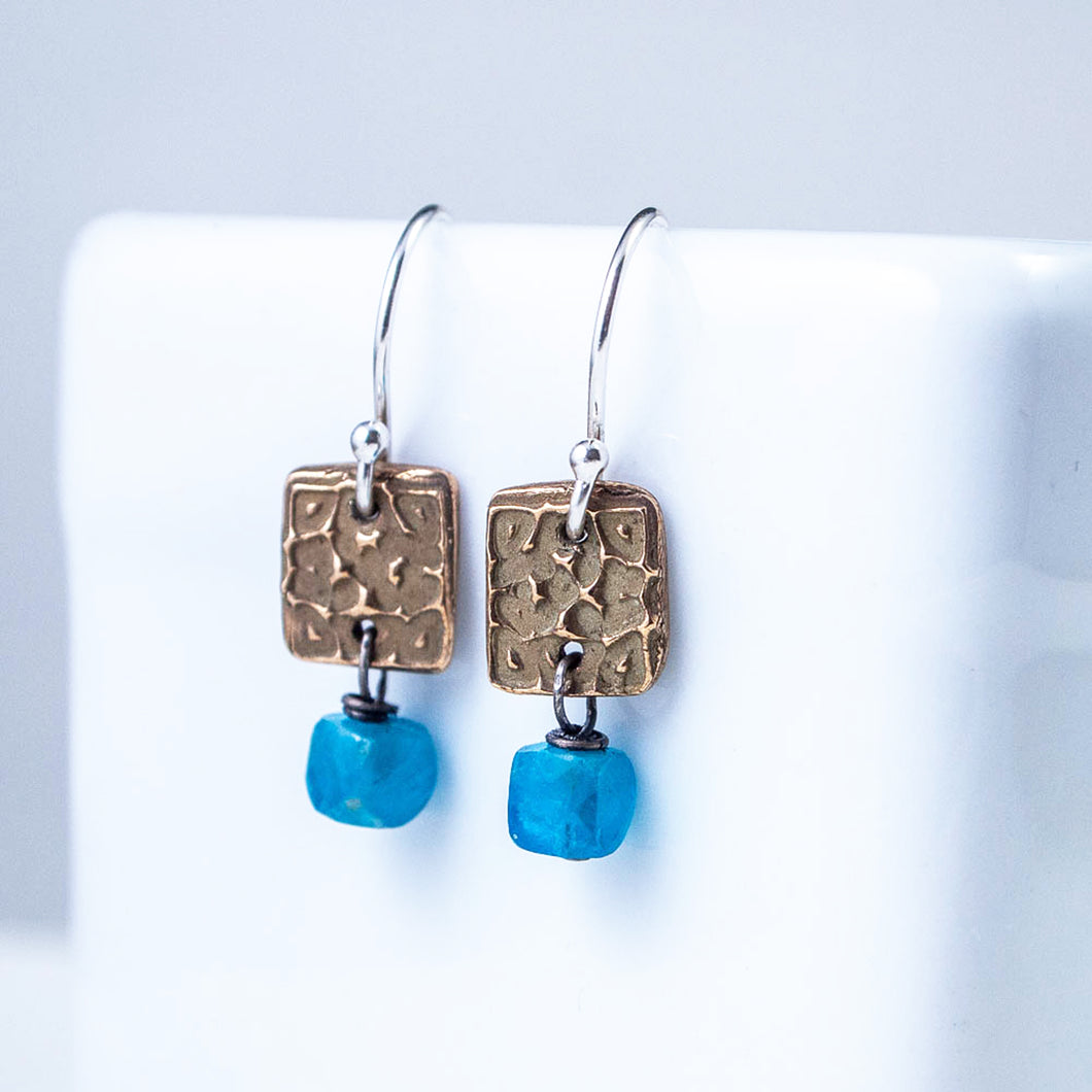 bronze tiny textured squares with neon blue apatite cubes