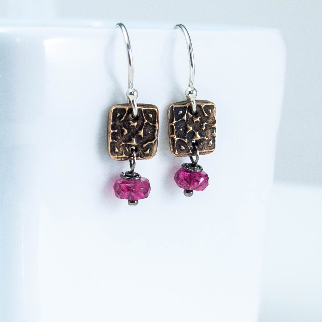Bronze Tapestry and Rubelite Pink Tourmaline Earrings