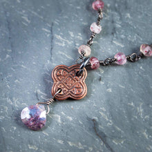 Load image into Gallery viewer, Copper Byzantine Collar with Mystic Moss Amethyst and Strawberry Rutilated Quartz

