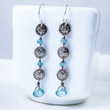 Load image into Gallery viewer, Fine Silver Flowerette and Blue Zircon Cascade Earrings
