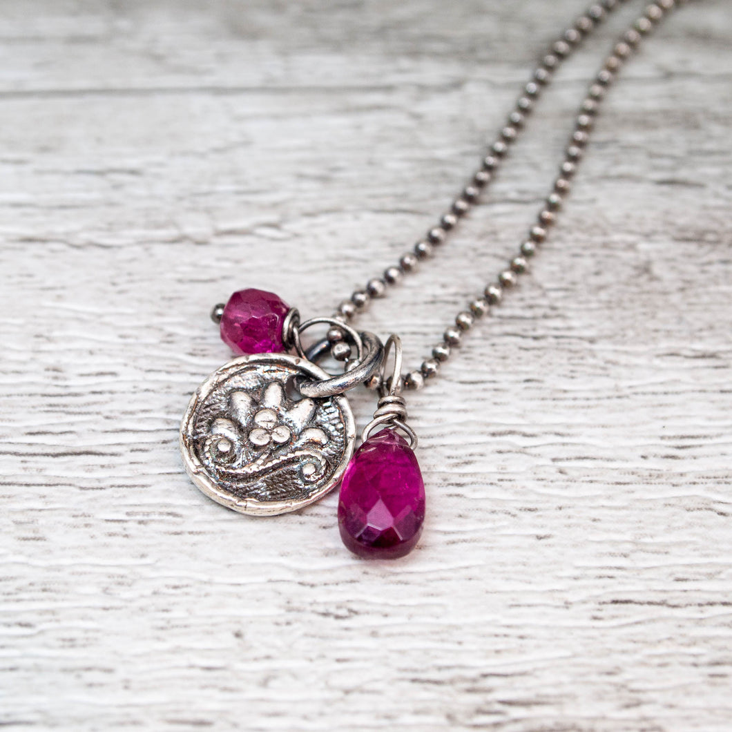Victorian Flower and Pink Tourmaline Talisman Necklace for Self Love